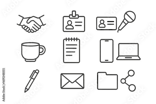 Networking Icon Set. Outline icon set of networking event: handshake, name badge, business card, microphone,