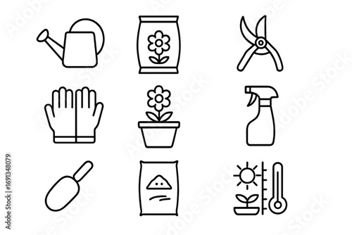 Flower Care Icons. Outline icon set of flower care: watering can, fertilizer, pruning shears, gloves,