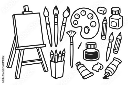 Art tools doodle set. Hand-drawn artist supplies collection with easel, canvas, paintbrushes, palette, pencils, and ink. Vector outline illustration for creativity and hobby concepts.