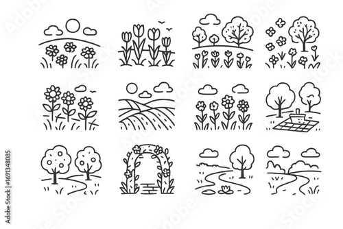 Spring Floral Icons Grid. Outline icon set of spring floral landscapes: daisy meadow, tulip field, cherry