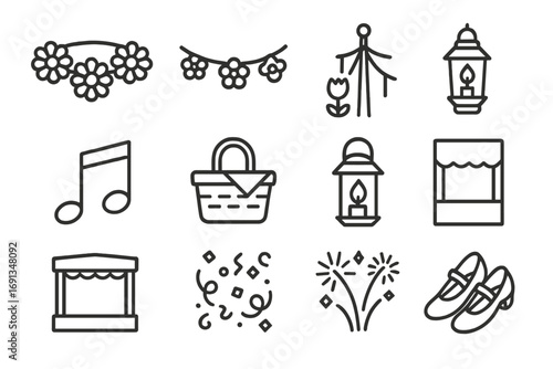 Spring Festival Icons. Outline icon set of springtime festivals: daisy crown, flower garland, parade float,