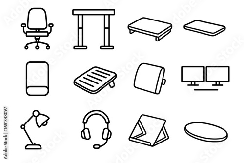 Ergonomic Office Icons. Outline icon set of ergonomic workplace tools: adjustable chair, sit-stand desk,
