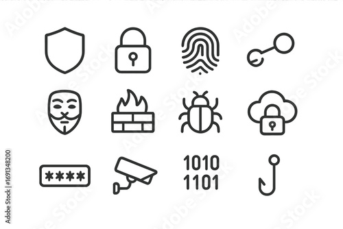 Cybersecurity Icon Set. Outline icon set of cybersecurity: shield, lock, fingerprint, key, hacker mask,