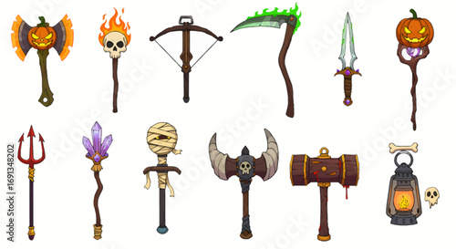 Collection of cartoon fantasy weapons and tools with Halloween themes, including axes, scythes, a crossbow, a dagger, and a lantern.