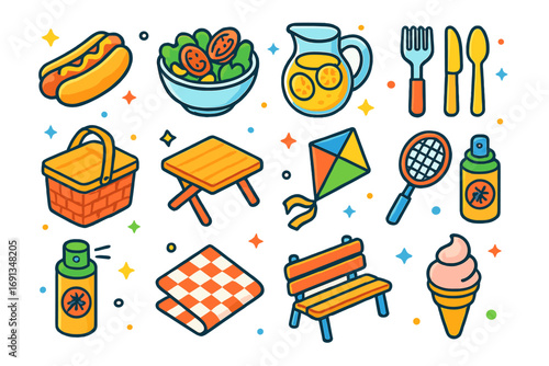 Colorful Picnic Icon Set. Colorful isometric vector icons set of park picnic favorites: hotdog, salad bowl, lemonade jug, reusable