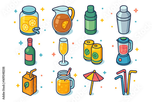 Colorful Picnic Drinks Icons. Colorful isometric vector icons set of picnic beverage station: lemonade dispenser, iced tea jug,