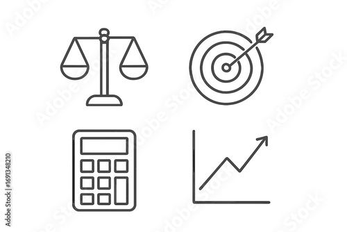 Vector line icon set for business. Scales of justice, target goal, calculator, growth chart. Finance, strategy, analysis, success concepts. Minimalistic editable stroke.