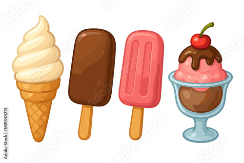 3D cartoon ice cream set. Variety of sweet frozen desserts: vanilla cone, chocolate popsicle, strawberry ice lolly, and sundae with cherry. Vector food illustration isolated.