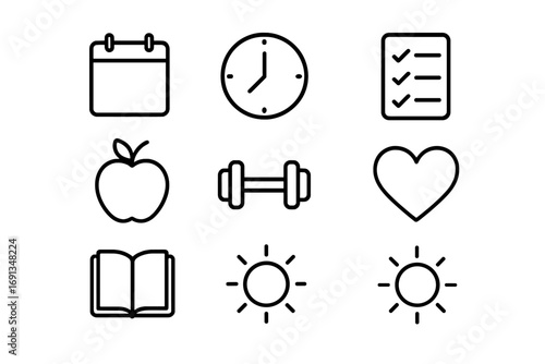 Positive Habits Icons. Outline icon set of positive habits coaching: calendar, clock, checklist, apple,