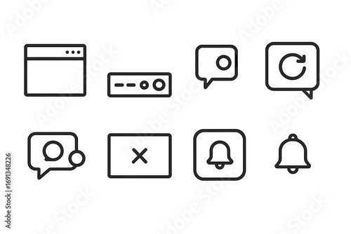 Desktop Notification Icons. Outline icon set of desktop notifications: popup window, taskbar alert, system tray, notification