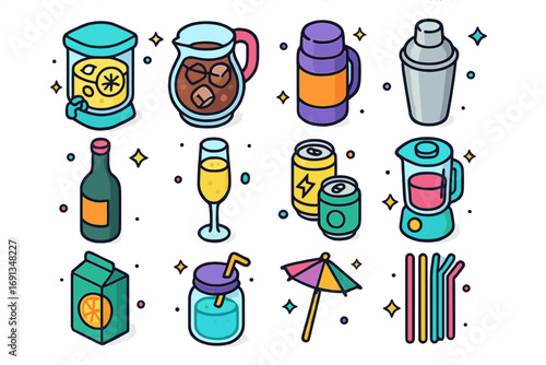 Colorful Picnic Drinks Icons. Colorful isometric vector icons set of picnic beverage station: lemonade dispenser, iced tea jug,