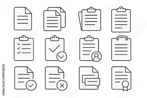 Document and clipboard line icon set. Icons for file, report, checklist, survey, form, and contract. Task management, data, approval, and user profile vector symbols.