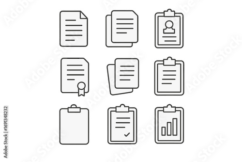 Document and clipboard line icon set. Business report, contract, data analysis, portfolio, resume, certificate icons. Office administration and paperwork vector symbols.