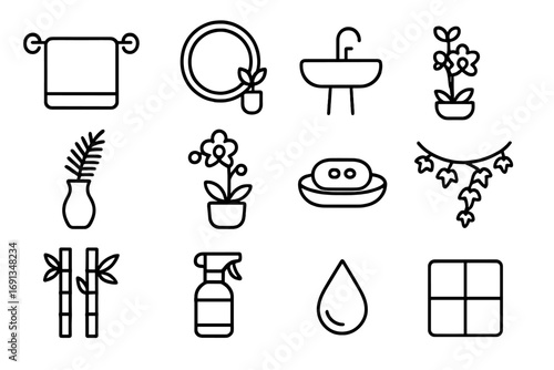 Bathroom Decor Icons. Outline icon set of bathroom decor with plants: towel hanger, mirror, sink, fern vase,