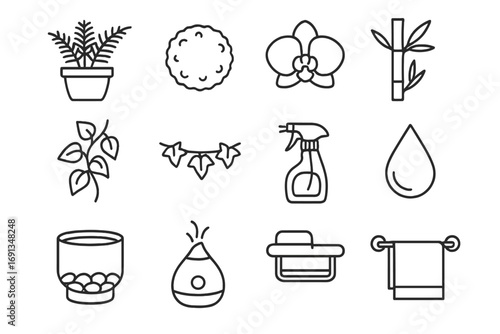 Bathroom Greenery Icons. Outline icon set of lush bathroom greenery: fern pot, moss ball, orchid flower,