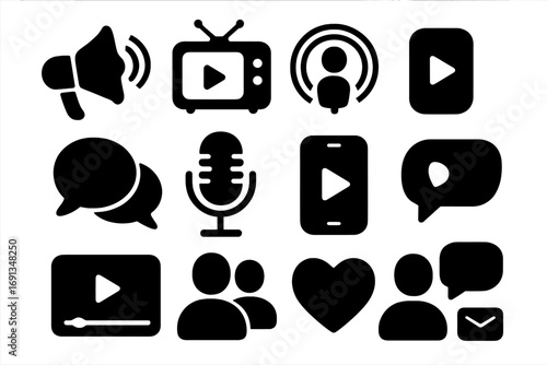Social media marketing icon set. Black glyph silhouette icons for communication, video streaming, podcast, and blogging. Symbols for app, UI, web design, like, comment, and share.