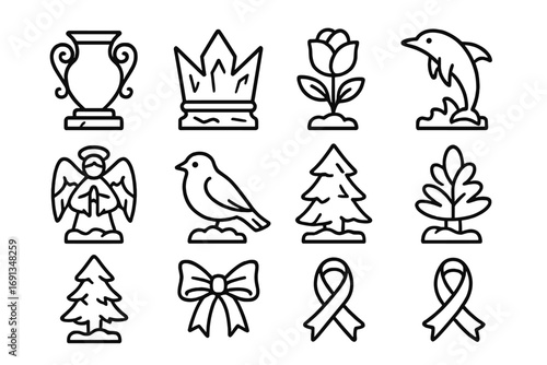 Frozen Sculptures Icons. Outline icon set of decorative frozen sculptures: vase, crown, flower, dolphin, angel