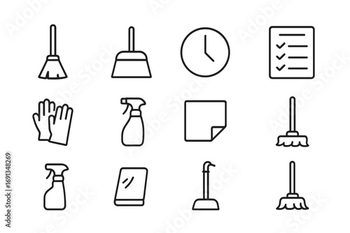 Cleaning Icons Grid. Outline icon set of daily cleaning routine: broom, dustpan, clock, checklist, gloves,