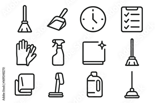 Cleaning Icons Grid. Outline icon set of daily cleaning routine: broom, dustpan, clock, checklist, gloves,