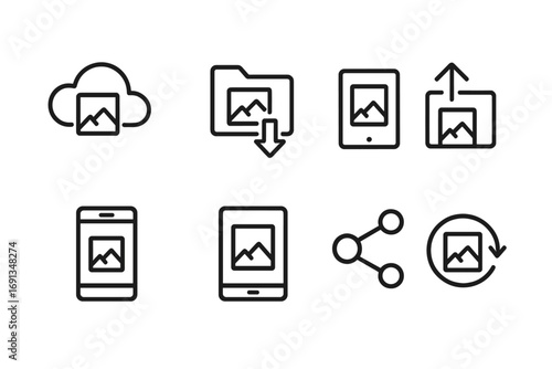 Digital Album Icon Set. Outline icon set of digital albums: cloud storage, folder, download arrow, upload arrow, smartphone,