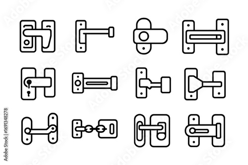 Safety Catch Icons. Outline icon set of safety catches: child latch, restrictor bar, pressure catch, sliding