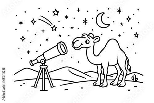 Camel with telescope looking at starry sky in desert. Cute cartoon animal astronomer character. Vector line art for coloring book. Night space exploration, astronomy concept.