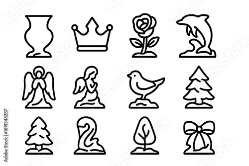 Frozen Sculptures Icons. Outline icon set of decorative frozen sculptures: vase, crown, flower, dolphin, angel