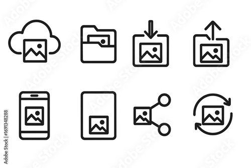 Digital Album Icon Set. Outline icon set of digital albums: cloud storage, folder, download arrow, upload arrow, smartphone,