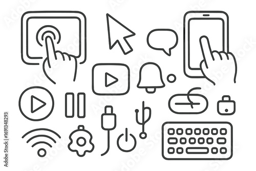 Digital Interaction Icons. Hand-drawn doodle illustration screen usage and interaction finger tap, cursor, touchscreen, smartphone
