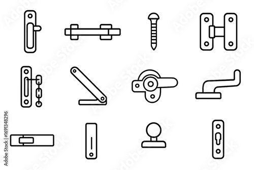 Window Hardware Icons. Outline icon set of multi-purpose window hardware: latch handle, sliding bolt, screw