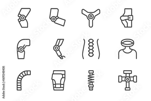 Mobility Protection Icons. Outline icon set of mobility and joint protection: articulated knee joint,