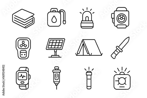 Futuristic Survival Gear Icons. Outline icon set of futuristic space survival gear: thermal blanket, portable