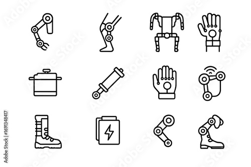 Exoskeleton Icon Set. Outline icon set of future exoskeleton integration: robotic arm, powered knee joint,