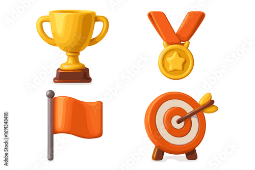 3D vector icons of achievement and success. Trophy cup, winner medal, mission flag, and target goal. Cartoon illustration set for business victory and competition award.
