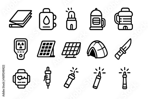 Futuristic Survival Gear Icons. Outline icon set of futuristic space survival gear: thermal blanket, portable