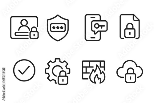 Digital Security Icons. Outline icon set of digital trust: secure login, password shield, two-factor authentication, encrypted