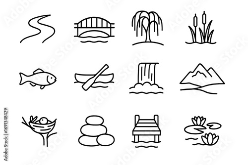 River Valley Icons. Outline icon set of river valleys: meandering river, bridge, willow tree, reeds, fish,
