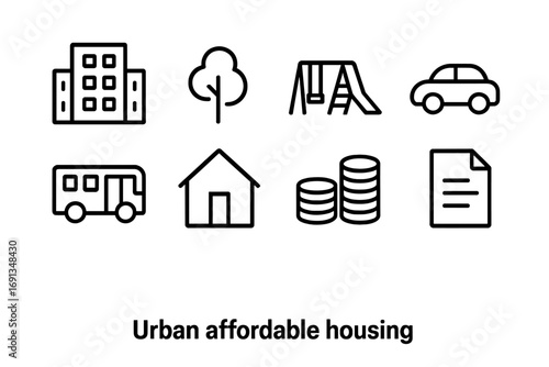 Urban Housing Icons. Outline icon set of urban affordable housing: apartment tower, tree, playground, car, bus