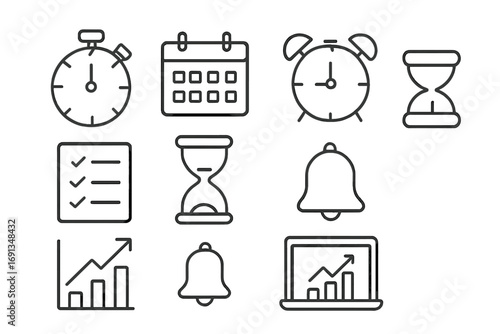 Time Management Icons. Outline icon set of time management software: stopwatch, calendar, alarm clock,