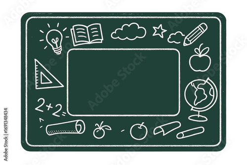 Back to school concept with chalkboard frame and chalk doodles. Education, learning, and knowledge icons like globe, book, pencil. Vector template with copy space for text.