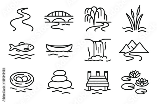 River Valley Icons. Outline icon set of river valleys: meandering river, bridge, willow tree, reeds, fish,