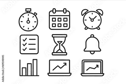 Time Management Icons. Outline icon set of time management software: stopwatch, calendar, alarm clock,