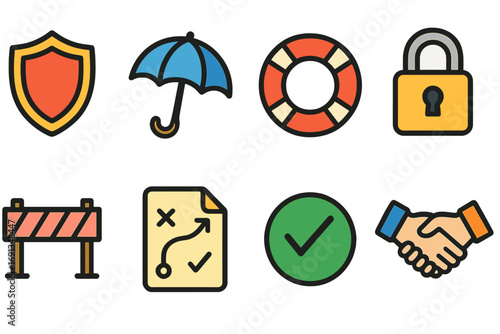 Colorful Risk Icons. Flat vector mini-illustrations Risk mitigation strategies in colors children's illustrations: shield,