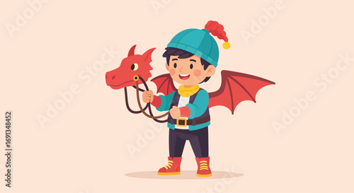 Happy little boy in a dragon rider costume playing with his toy dragon.