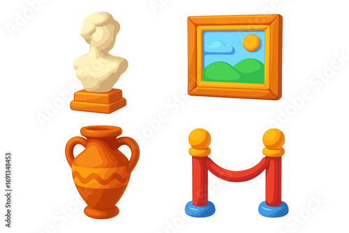 3D museum icon set. Art gallery collection. Vector cartoon illustration. Sculpture bust, framed painting, ancient amphora vase, and velvet rope barrier for exhibition design.
