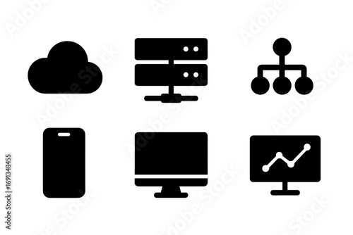 Digital Strategy Icons. Solid, filled icon set of digital strategy: cloud, server, data network, code brackets, smartphone,
