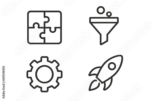 Business process and startup icon set. Icons of puzzle for strategy, funnel for marketing conversion, gear for settings, and rocket for project launch. Line vector design.