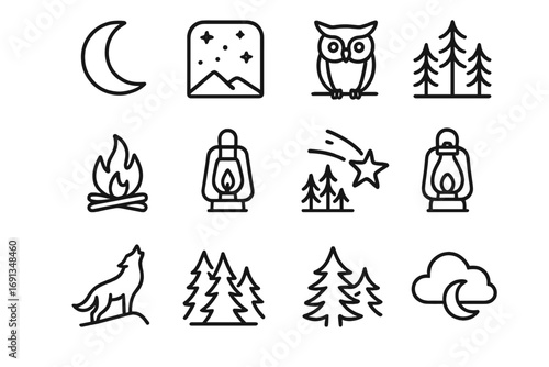 Night Landscape Icons. Outline icon set of night landscapes: crescent moon, starry sky, owl, campfire,