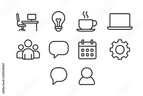 Innovation Hub Icons. Outline icon set of innovation hubs: coworking desk, light bulb, coffee cup, laptop,