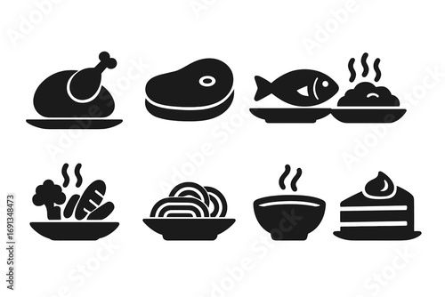 Dinner Food Icons. Solid, filled icon set of dinner foods: roasted chicken, steak, fish fillet, mashed potatoes, steamed